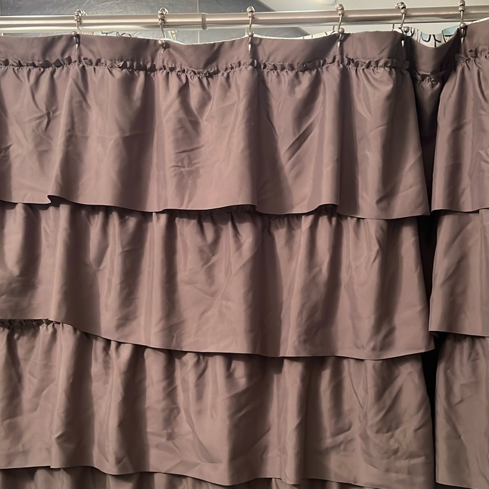 Extra Long gray ruffle shower curtain.